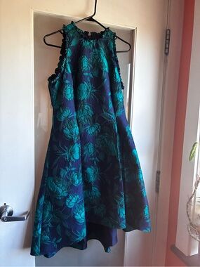 Adrianna Papell Teal and Navy Floral Jacquard Halter Dress for Girls